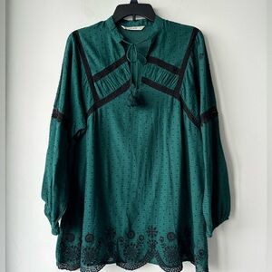 Zara Blouse Swiss Dot Lace Tassel Long Sleeve Green Oversized XS Cottagecore